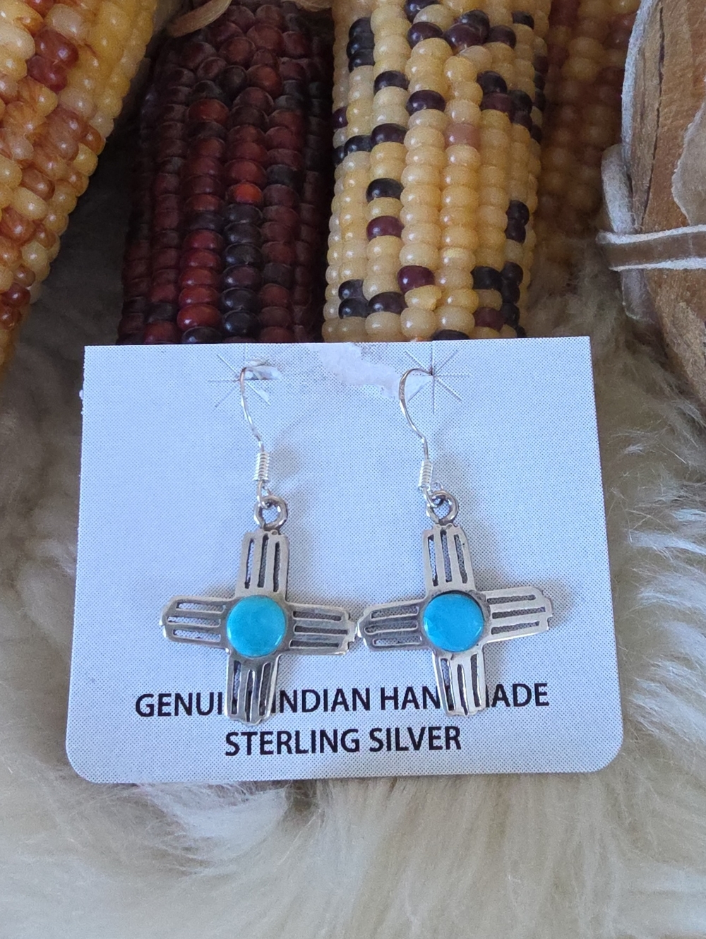 Beautiful NWT Native American Navajo Turquoise & Sterling Zia Sun Earrings ๐ฉต๐